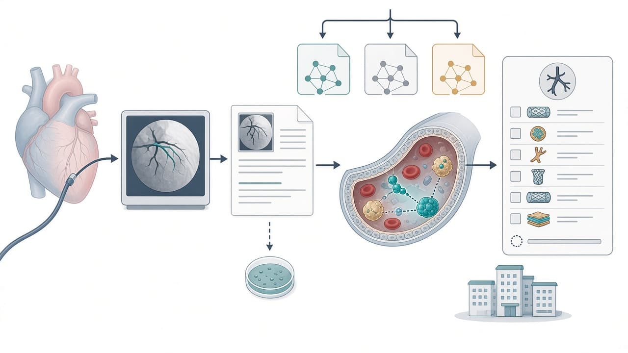 AI-generated editorial illustration: Automated Identification of Complex Percutaneous Coronary Intervention from Cardiac Catheterization Reports Using Large Language Models