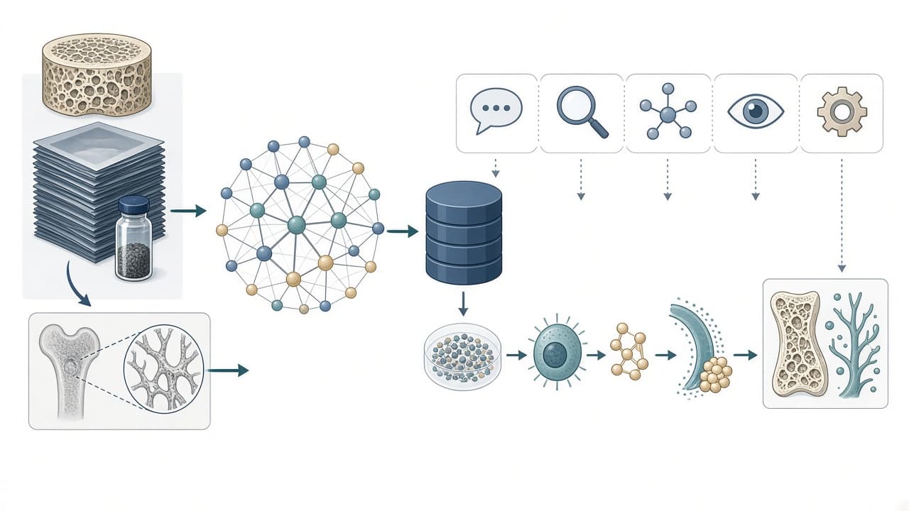 AI-generated editorial illustration: BoneGraph: A Domain-Specialised, Self-Correcting Reasoning System for Bone Science Retrieval, Grounded Inference, and Image Mechanics