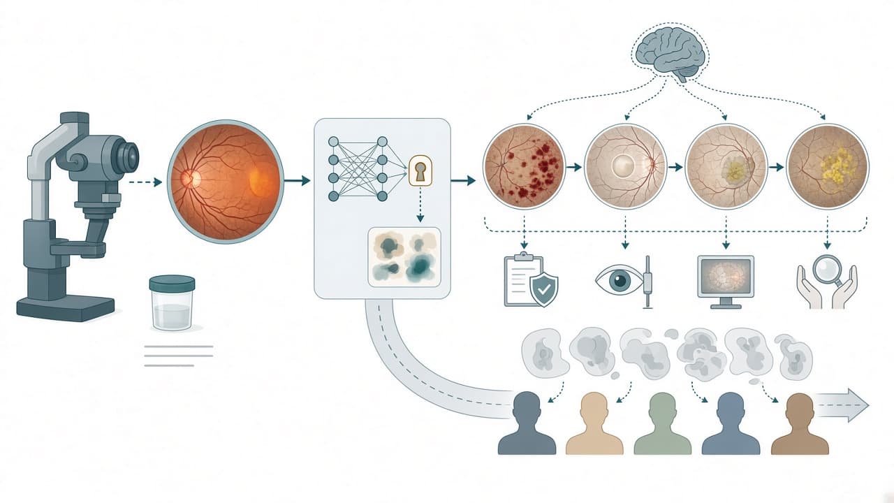 AI-generated editorial illustration: Why aren't we using AI in eye clinics? A systematic review of barriers and solutions in AI-based fundus image diagnostics for ocular diseases.