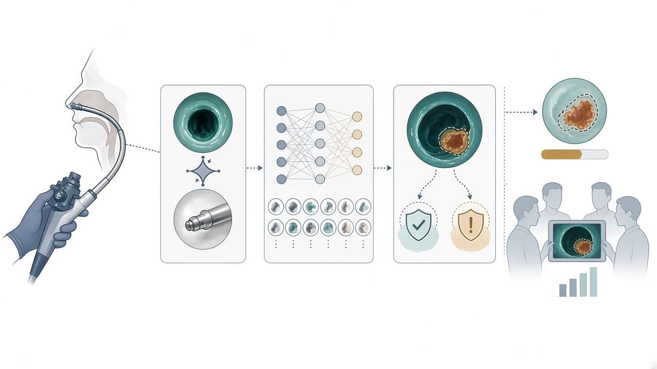 AI-generated editorial illustration: [Development and preliminary validation of an integrated artificial intelligence system for quality-control assistance and lesion recognition during nasopharyngolaryngoscopy].