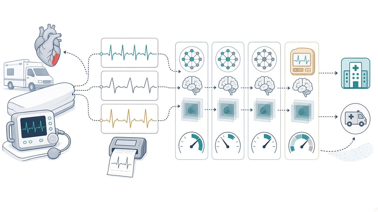 AI-generated editorial illustration: Large language models fail to reliably predict emergent catheterization laboratory activation from prehospital electrocardiograms.