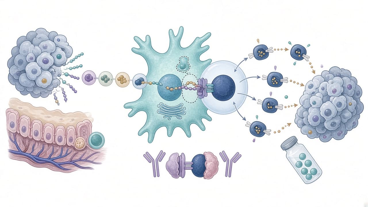 AI-generated editorial illustration: Neoantigen cancer vaccines for gastrointestinal tumors: opportunities and challenges.