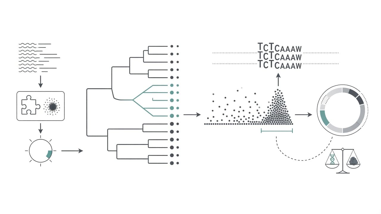 AI-generated editorial illustration: Evolutionary dynamics of the insertion sequence IS6110 in the Mycobacterium tuberculosis complex