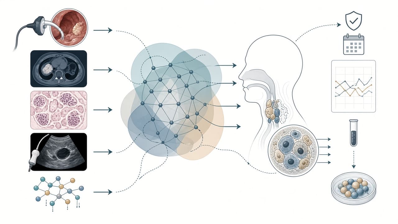 AI-generated editorial illustration: [Advances in the application of artificial intelligence in the diagnosis and treatment of head and neck tumors].
