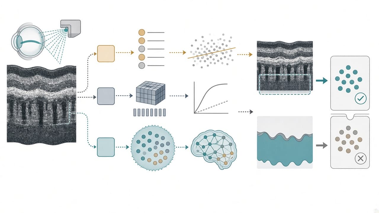 AI-generated editorial illustration: Task-Specific Quality Gating for Retinal Optical Coherence Tomography B-Scans: Learned Representations Over Scalar Metrics in Choroid Segmentation