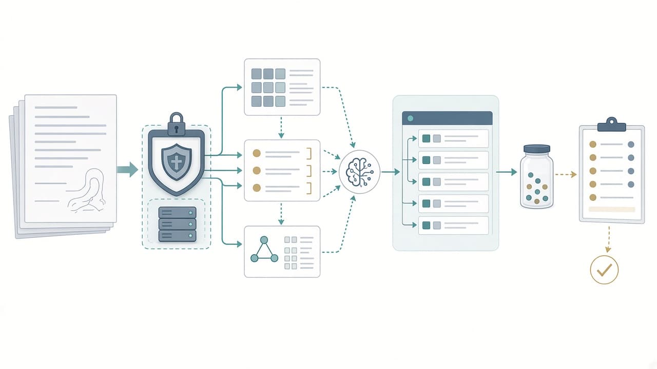 AI-generated editorial illustration: Exploratory Implementation and Feasibility Report of CLASS (Clinical LLM Abstraction & Structuring System), A Large Language Model Pipeline for Extracting Unstructured Data From Clinical Notes.